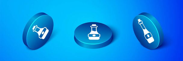Isometric Soy sauce bottle icon isolated on blue background. Blue circle button. Vector. - Vector, Image