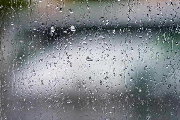 Regentropfen auf Fenster mit grünem Baum im Hintergrund - Foto, Bild