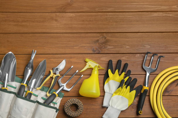 Flat lay composition with gardening tools on wooden background, space for text - Foto, imagen