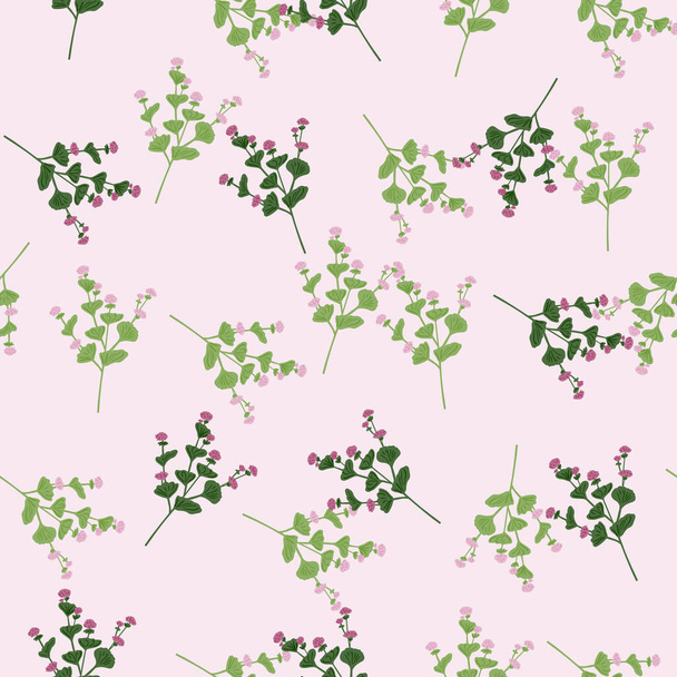 Nahtlose zufällige Muster mit gekritzelten grünen Wildblumen Ornament Print. Leicht rosafarbener Hintergrund. Grafikdesign für Verpackungspapier und Textiltexturen. Vektorillustration. - Vektor, Bild