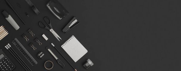 Office and school stationery on black leather background. Back to school - Фото, изображение