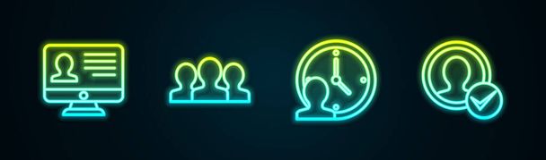 Set line Monitor with resume, Users group, Time Management and Create account screen. Glowing neon icon. Vector - Vector, Image