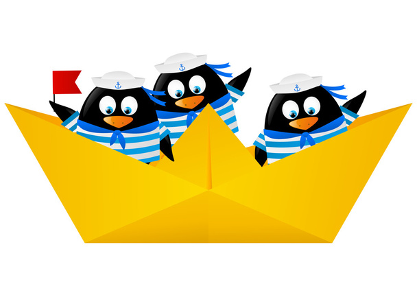 Marinheiros pinguins em barco de papel
 - Vetor, Imagem