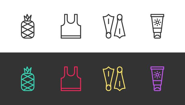 Definir linha Abacaxi, T-shirt sem mangas, Chinelos de borracha para natação e protetor solar tubo de creme em preto e branco. Vetor - Vetor, Imagem