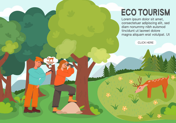 Ecoturismo, viaggi, concetto di campeggio. Eco friendly illustrazione vettoriale per landing page, banner, flyer.Colorful paesaggio forestale. Uomo e donna che guardano un cervo - Vettoriali, immagini