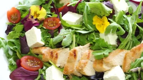 Delicious salad with cheese, tomatoes, meat and herbs - Footage, Video
