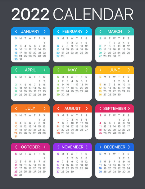 Calendario 2022 - Domingo a Lunes - Plantilla vectorial - Vector, Imagen