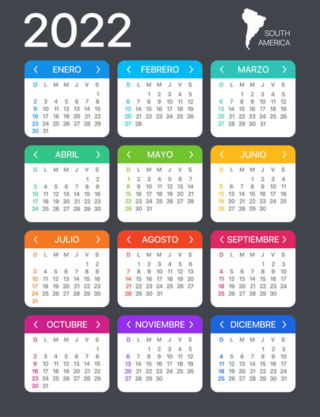 2022 календарь - испанская южноамериканская версия - векторный шаблон - Вектор,изображение