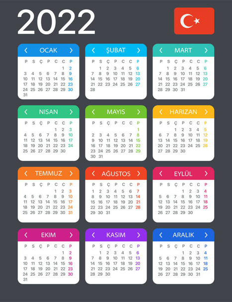 Wektorowy szablon koloru 2022 kalendarz - wersja turecka - Wektor, obraz
