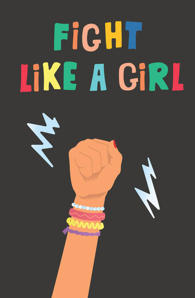 Vector semi flat illustration of shaking fist on black background. Woman hand symbol solidarity and feminism power. Hand with baubles clenched in fingers. Text free drawing slogan fight like a girl. - Photo, Image
