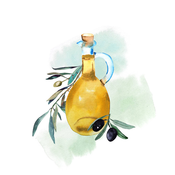 Beautiful handdrawn watercolor illustration. A bottle of olive oil and olives isolated on white background - Foto, Imagen