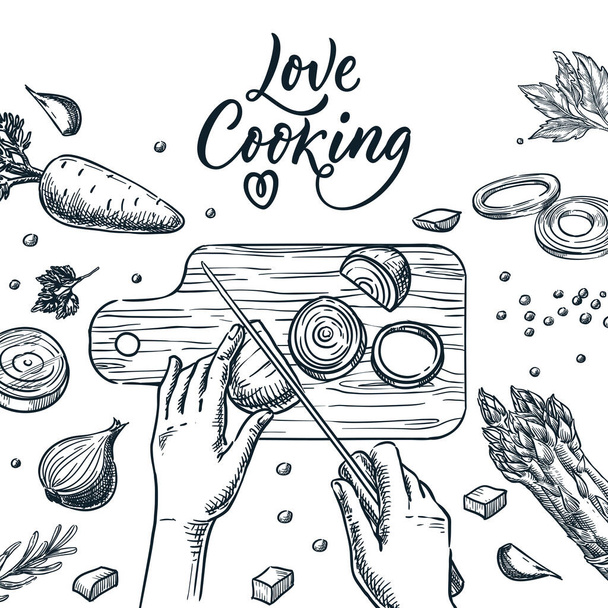 Gezond koken, maaltijdbereiding proces vector schets illustratie. Menselijke handen snijden ui met mes op snijplank. Handgetekende liefde koken kalligrafie belettering en gesneden groenten - Vector, afbeelding
