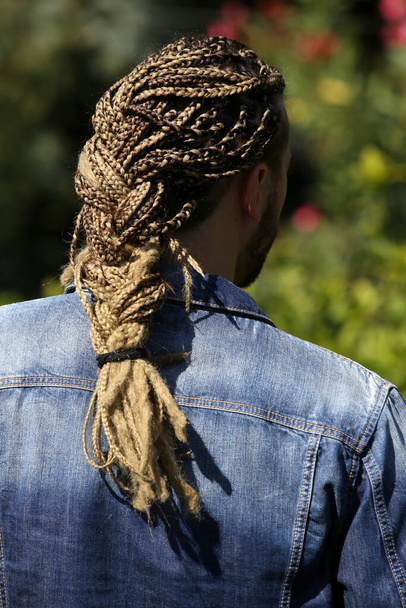 Attractive, young blonde bearded male model with combination of braids and dreadlocks posing in the wild. Style, trends, fashion concept. - Photo, Image