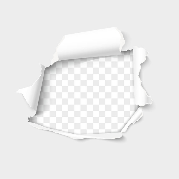 Hole in the sheet of paper isolated on transparent background - Vector, Image