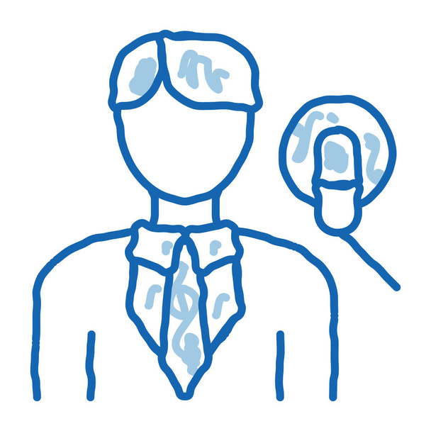 Man Host με το εικονίδιο εικονίδιο του μικροφώνου. Χέρι ζωγραφισμένο μπλε γραμμή doodle τέχνης Man Host με το σήμα Microphone. μεμονωμένη απεικόνιση συμβόλων - Διάνυσμα, εικόνα