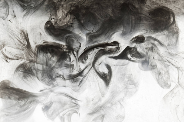 Abstract paint in water background. Black smoke cloud in motion on white, acrylic swirl splashes - Zdjęcie, obraz