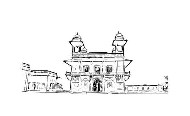 Imprimir Vista del edificio con el punto de referencia de Fatehpur es la ciudad en la India. Dibujo dibujado a mano ilustración en vector. - Vector, imagen