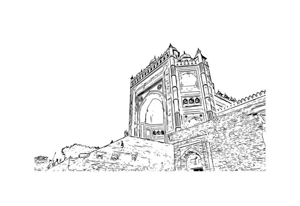 Print Building näkymä maamerkki Fatehpur on kaupunki Intiassa. Käsin piirretty piirros vektorina. - Vektori, kuva