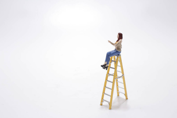 the mini figure of woman site on a ladder - Zdjęcie, obraz