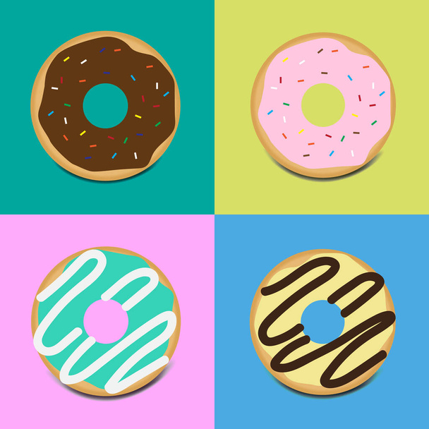 Set van zoete geglazuurde donuts met topping vector icoon op multi color achtergrond - Vector, afbeelding