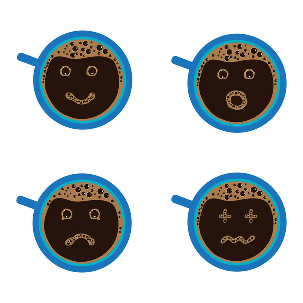 Vektorová ilustrační sada šálku kávy tvář emoce, úsměv, smutné, závratě a wow - Vektor, obrázek