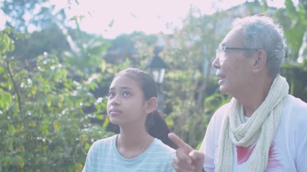 Asiatique senior cheveux gris grand-père dans les lunettes de vue conseil à son adorable petite-fille adolescente pour voir la nature devant sa maison le matin. Ensemble en deux générations. Une vie simple. - Séquence, vidéo