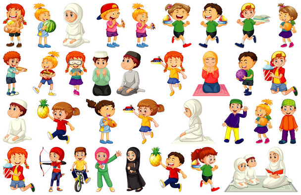 Kinder machen verschiedene Aktivitäten Cartoon-Figur auf weißem Hintergrund Illustration - Vektor, Bild