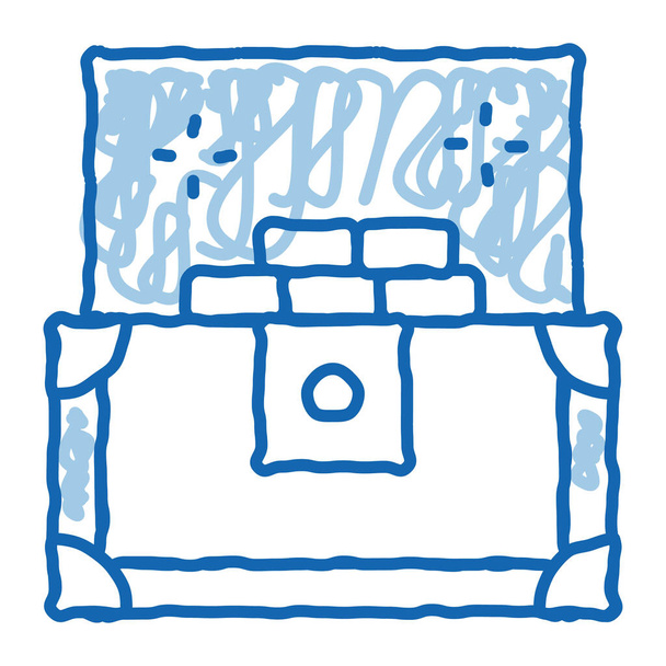 Vector de icono del boceto del cofre del tesoro. Señal isométrica dibujada a mano en forma de garabato azul Treasure Chest. ilustración de símbolo aislado - Vector, Imagen