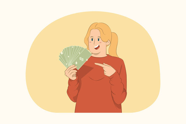 Молода жінка вказує індексний палець на шанувальника концепції грошових коштів
 - Вектор, зображення