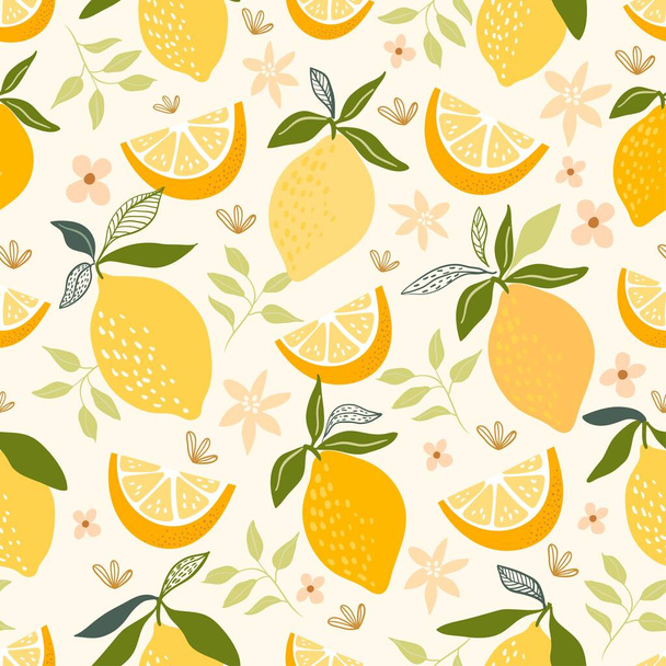Decorative seamless pattern with lemons and leaves - Vektori, kuva