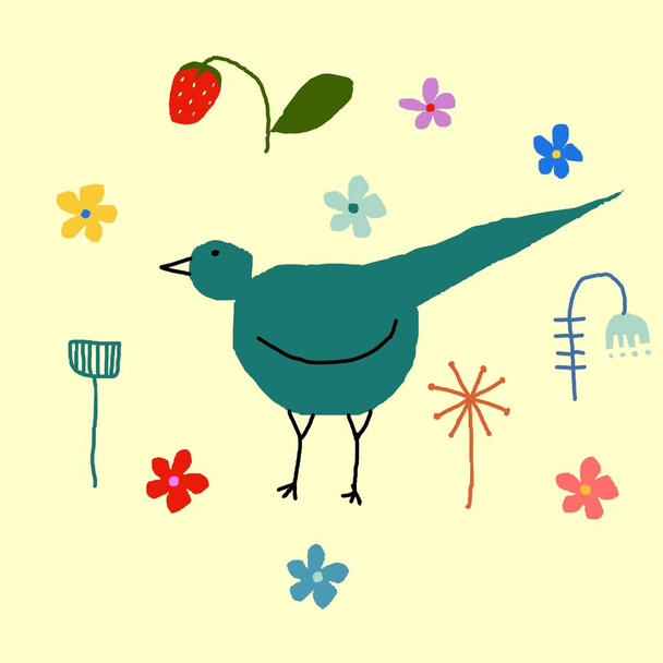 bird, flowers, berries, spring, summer hand-drawn doodle - Vektor, Bild