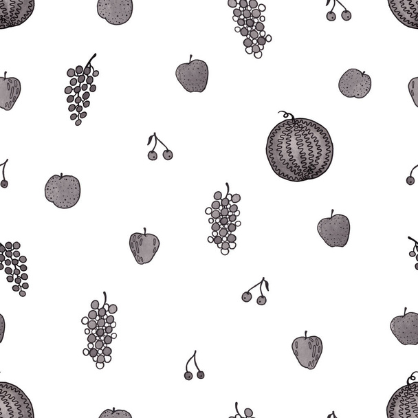 Patrón sin costura de conjunto de ilustraciones de acuarela de frutas grises y bayas aisladas sobre fondo blanco - Foto, imagen