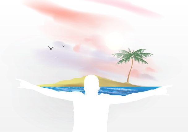 Man Holding Tropical Island on Shoulders - Vector Illustration - Vektör, Görsel