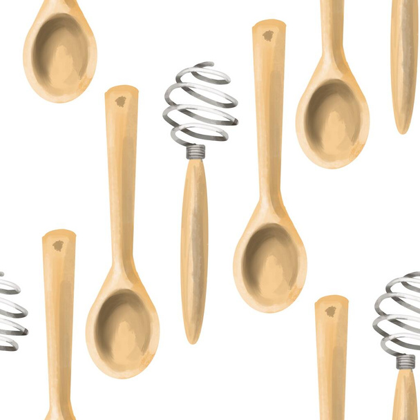 Seamless pattern with baking tools on white background. background. Wooden spatulas, spoons, whisk, measuring spoons. Hand-drawn in watercolour. - Foto, imagen