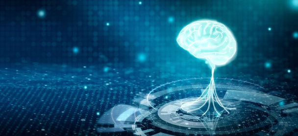 Wirtualny mózg sztucznej inteligencji. Uczenie maszynowe, sieć neuronowa futurystycznej technologii. Ai Network brain on business analysis information, innowacyjna koncepcja cyberprzestrzeni. Renderowanie 3D. - Zdjęcie, obraz