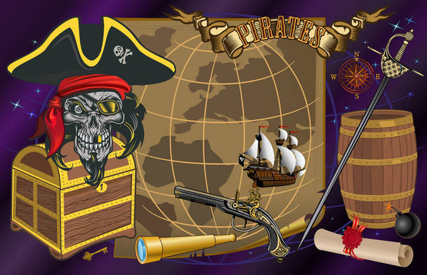 Jolly Roger Pirate skull and marine map - Vector, Image