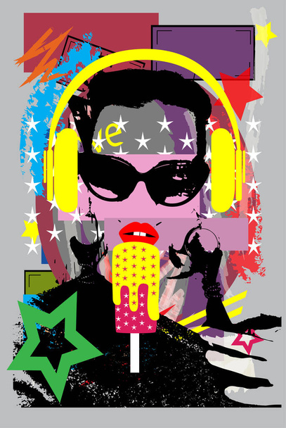 Girl listening music on headphones and eating ice cream. Colorful pop art background vector illustration. - Vector, Image