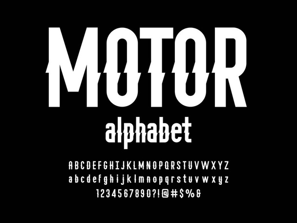 Design alfabeto Motorsport in stile moderno con maiuscolo, minuscolo, numeri e simboli - Vettoriali, immagini