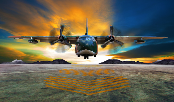 στρατιωτικό αεροπλάνο προσγείωσης σε διαδρόμους της Πολεμικής Αεροπορίας κατά την όμορφη dus - Φωτογραφία, εικόνα