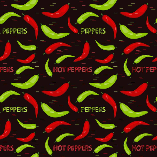 Chiles picantes rojos y verdes sobre un fondo negro ilustración vectorial. Patrón sin costura para telas de cocina o restaurante y concepto de papel. - Vector, imagen
