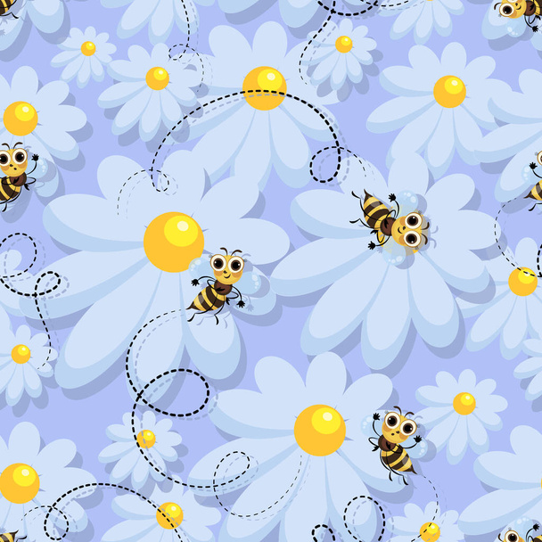 Bienenschwarm. Vektor Kamille Hintergrund. Bienen auf einer Kamillenwiese. Bienenweide. Nette Zeichentrickfigur. Nahtloses Muster. Design für Kindertextilien. Vektorillustration - Vektor, Bild