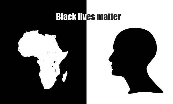 Protestplakat gegen Rassismus für Menschenrechte in der Welt, mit menschlichem Kopf, afrikanischer Landkarte, schwarz-weißem Hintergrund - Foto, Bild
