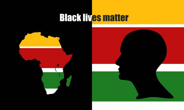 Αφίσα διαμαρτυρίας για τον ρατσισμό για τα ανθρώπινα δικαιώματα στον κόσμο, με ανθρώπινο κεφάλι, αφρικανικό χάρτη, ασπρόμαυρο φόντο - Φωτογραφία, εικόνα
