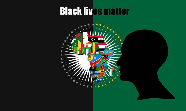Cartel de protesta sobre el racismo por los derechos humanos en el mundo, con la cabeza humana, mapas de banderas africanas y fondo negro - Foto, imagen