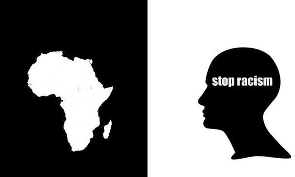 Protestposter over racisme voor mensenrechten in de wereld, met menselijk hoofd, wereldkaart, zwart-wit achtergrond - Foto, afbeelding