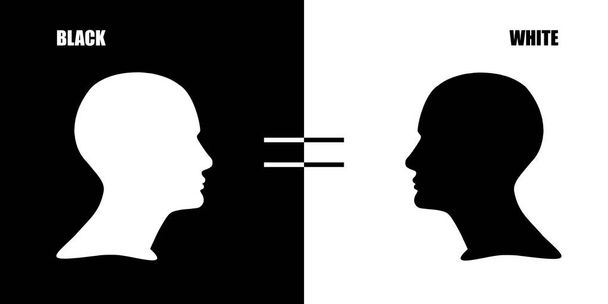 Cartel de protesta sobre el racismo por los derechos humanos en el mundo, cabezas humanas con símbolo de igualdad, letras en blanco y negro - Foto, imagen
