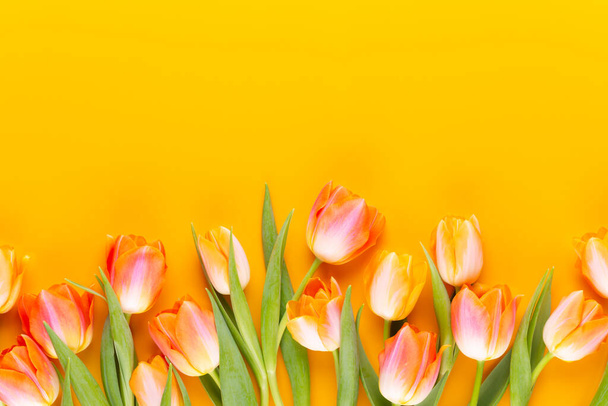 Yellow pastels color flowers on yellow background.Waiting for spring. Happy Easter card. Flat lay, top view. Copy space. - Foto, afbeelding