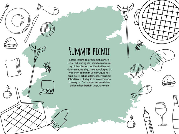 Picnic party invitation card. summer picnic design, invitation card, Banner, poster design template. Vector illustration in flat style BBQ party - Vector, Image
