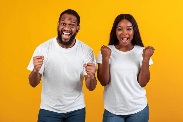 Retrato de feliz pareja negra celebrando la victoria con los puños levantados - Foto, imagen