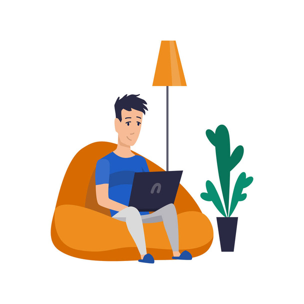 Freelance man working at home in comfortable conditions. Cartoon character work from home. Spend time at home during quarantine. Be safe - Vector, Image
